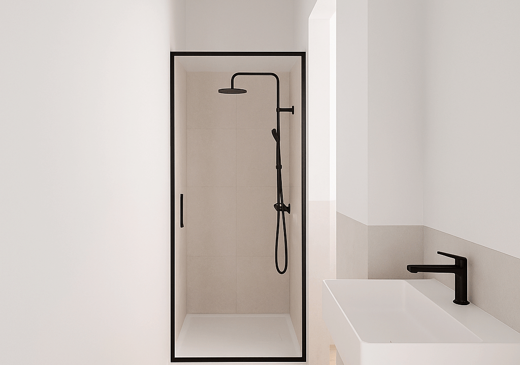 Bagno minimalista con doccia a vetro