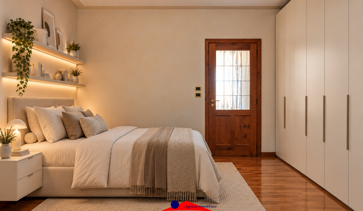 Camera da letto minimalista con letto ruotato e armadio встроato