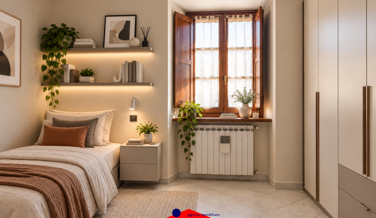 Camera da letto minimalista con luce naturale