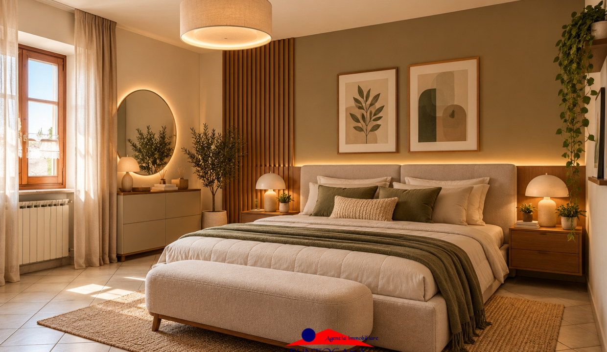 Camera da letto moderna in tonalità naturali